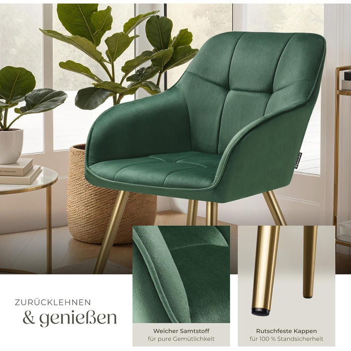 Крісло tectake® з оксамиту, сучасні кухонні стільці, крісло для вітальні, стілець для туалетного столика - (набір 1 шт, темно-зелений/золотий)