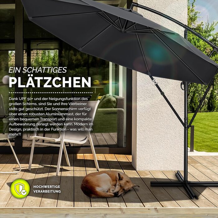 Садова парасолька tillvex Alu 300 см з кобулкою, стійкою та чохлом, антрацит — водонепроникна парасолька-ампел з захистом від UV та вітру, поворотна на 360°
