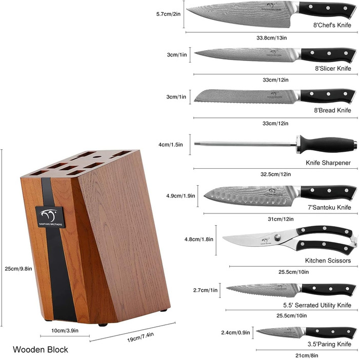 Набір кухонних ножів NANFANG BROTHERS 18 предметів з дамаської сталі VG10, професійний японський набір ножів з дерев'яним блоком