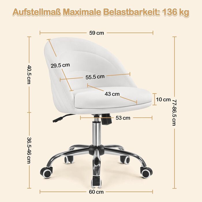 Крісло Yaheetech для дому та офісу: крісло для туалетного столика, обертове, з регулюванням висоти, на роликах, біле, до 136 кг