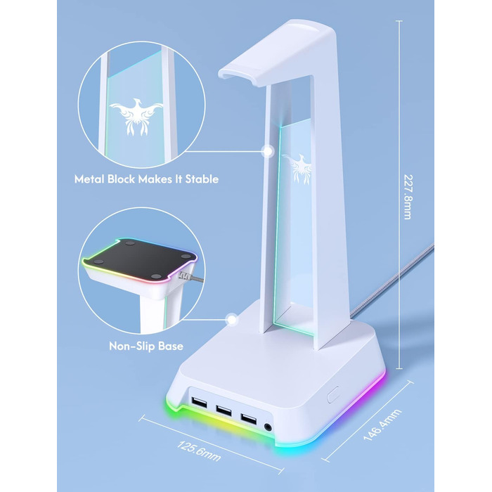 Підставка для навушників PHNIXGAM RGB з концентратором AUX & USB, універсальний тримач для гарнітури для геймерів (білий)