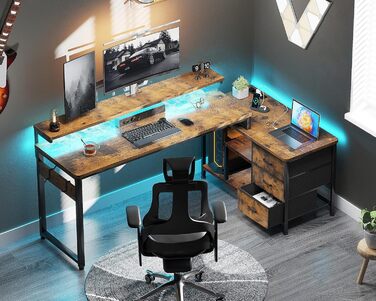 Кутовий стіл ODK з ящиками 174x100 см, з полицею, реверсивний, для геймінгу, офісу, дому, коричневий