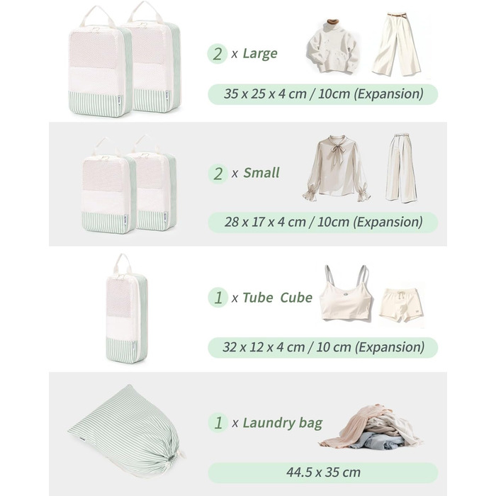 Набір органайзерів для валізи та рюкзака Narwey, 6 шт, компресійні органайзери для одягу та речей у подорож, світло-зелені смужки