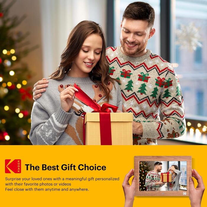 Цифровий фотоальбом KODAK 10 дюймів з пультом, без Wi-Fi, IPS-дисплей 1280x800, відтворення фото/відео/музики, USB/SD, дерев'яний корпус