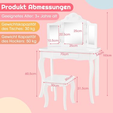 Дитячий столик для макіяжу 2 в 1 з підсвіткою та дзеркалом, COSTWAY, для дівчаток (білий)