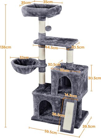 Когтеточка для котів Yaheetech 136 см, багаторівнева, стійка, темно-сіра