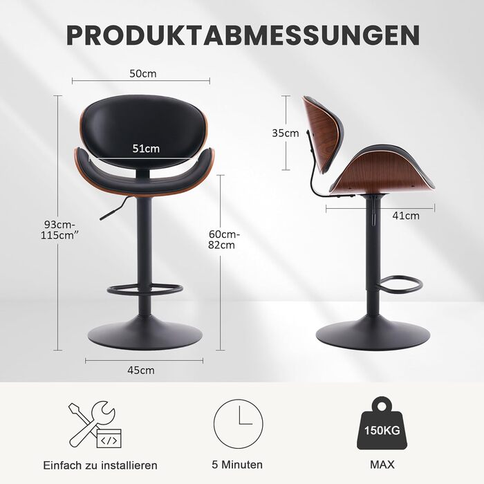 Барний стілець YOUTASTE з вигнутого дерева, 1 шт., 360° обертання, спинка та підніжка, PU-шкіра, для бару, кухні, бістро, білий (чорний)