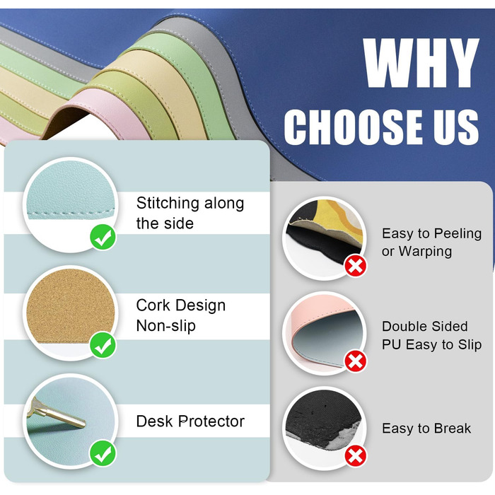 Шкіряний килимок для столу BLESWIN, великий протиковзаючий килимок для миші та ноутбука, підкладка для письма та декору робочого столу (140x43 см, блакитний)