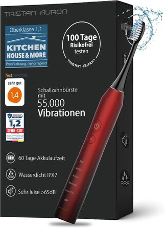 Електрична зубна щітка Tristan Auron – 55 000 вібрацій, 5 режимів, 60 днів роботи від акумулятора, компактна та тиха, 2 насадки, для бережного очищення зубів (червона)