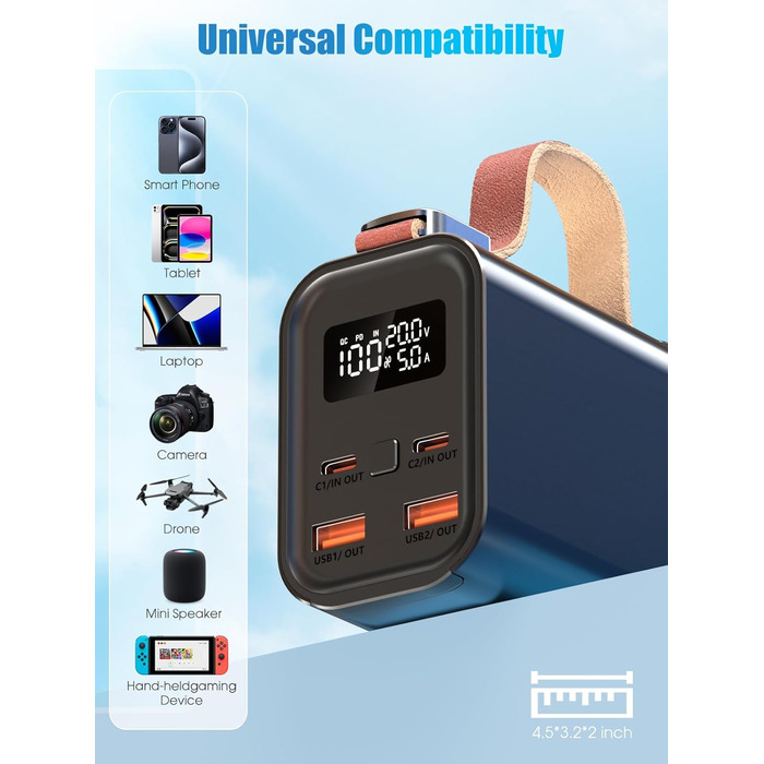 Портативний акумулятор для ноутбука 140W, 50000mAh: Power Bank з LED дисплеєм, PD3.1, QC4.0, 4 виходи та 2 входи (Чорний)