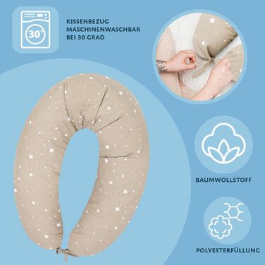 Подушка для сну на бік для малюків Totsy Baby, 190 см, з мусліновою наволочкою, Oeko-Tex (Бежева з білими зірками)