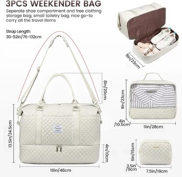 Спортивна сумка LOVEVOOK для жінок: велика дорожня сумка-мішок, weekender, з косметичкою, відділенням для взуття, водонепроникна, для подорожей, спортзалу, кемпінгу (M-3шт, Бежевий)