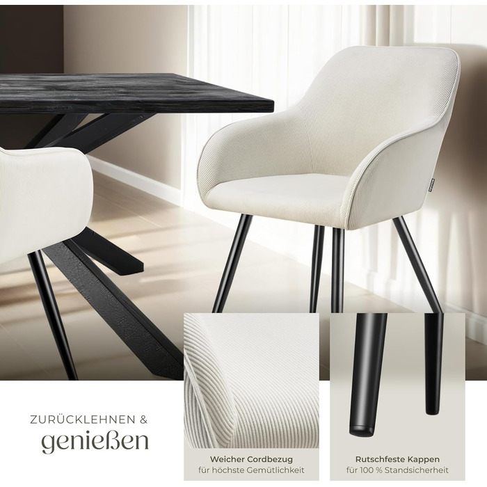 Тектейк® 4X Крісло для їдальні з підлокітниками, оббивка Cord, Lounge-крісло, для вітальні, кухні, офісу - (Набір 6 шт., Кремовий/Чорний)