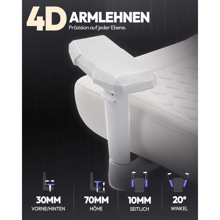 Ігровий крісло Dowinx для геймерів Esport, ергономічний офісний крісло з підлокітниками 4D та масажем попереку, витримує до 200 кг, регульована висота (білий)