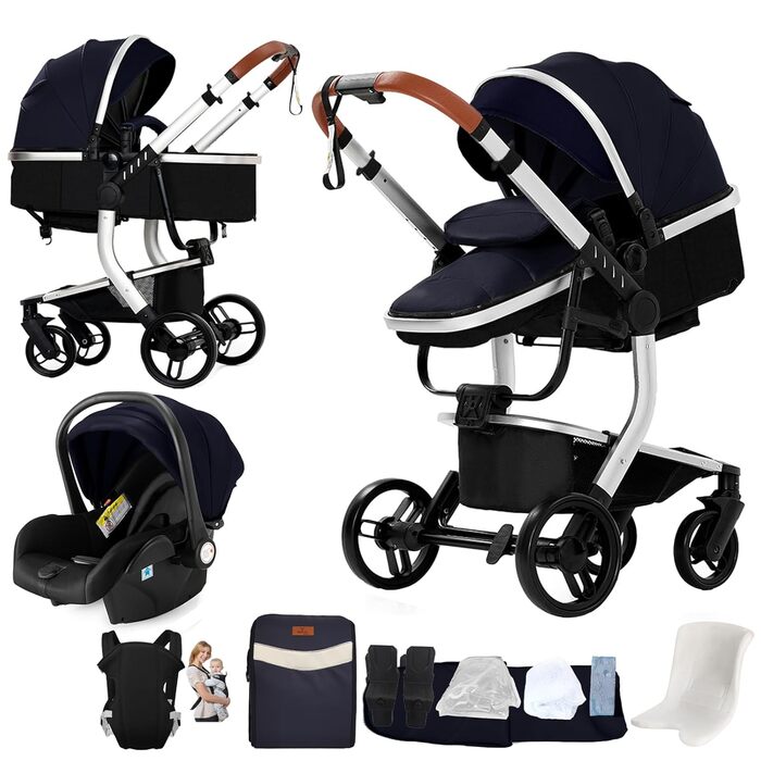 Дитяча коляска Nine Point Nine 3 в 1 з PU-шкіри, алюмінієвий каркас (L518 SilverBlue), комплект з люлькою та пеленатором