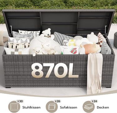 Водонепроникний садовий ящик Amopatio Gartenbox 650л з поліротангу для подушок, металевий ящик для зберігання з газліфтами для саду та балкону, сірий