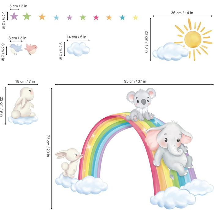 Наклейка на стіну із зображенням райдужних хмар, наклейка на стіну, слон, коала, кролик, зірка, наклейка на стіну, дитяча кімната, дитяча кімната, спальні