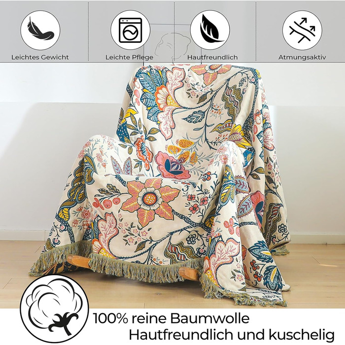 Плед Boho з 100% бавовни, стиль кантрі, 150x200 см, колір гранат