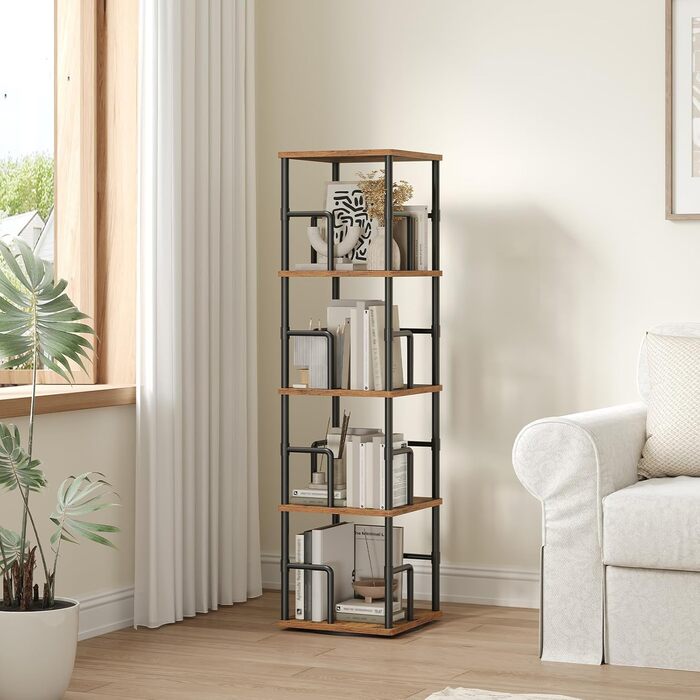 Стелаж для книг MAHANCRIS з 4 полицями, поворотний, з підставками для книг, 30 x 30 x 127,5 см, підлоговий, для невеликих приміщень, індустріальний дизайн, для вітальні, спальні, коричневий та чорний ABKHR1501
