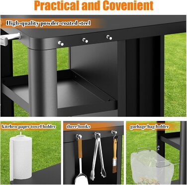 Гриль-возна Гриль-стіл з відкидним столиком, вулична кухня з гачками, полицею та шафкою, сервізний візок на колесах, чорний (143×37×89 см)