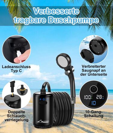 Портативна душова кабіна WADEO для кемпінгу з акумулятором та помпою, 10 режимів, акумулятор 6000 mAh (3 години роботи), подвійний цифровий дисплей, для відпочинку на природі, у саду та в подорожах (чорна)