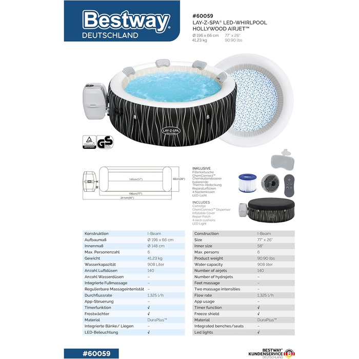 Надувний джакузі Bestway Lay-Z-Spa Hollywood AirJet LED для 6 осіб, 196 x 66 см