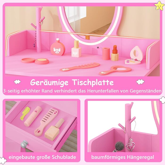 Дитячий туалетний столик DREAMADE з LED-дзеркалом та ніжками з бука, принцесовий туалетний столик з шухлядою та стійкою для прикрас, дитячий туалетний столик з пуфом для дівчаток (Рожевий)
