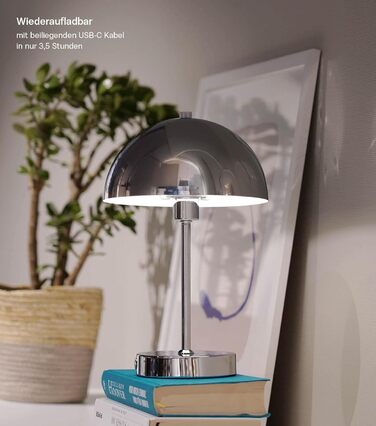 LED настільна лампа Mokebo® 'Leuchtturm' бездротова, акумуляторна, диммер, USB-C, вінтажний квітковий горщик, гриб, нічник, тауп, метал, тепле біле світло (сріблястий)