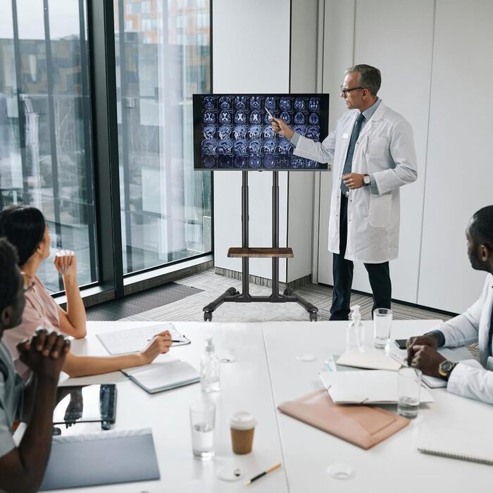 Підставка для телевізора ETHU з колесами, мобільна, для телевізорів 32-85 дюймів (LCD/LED/Plasma), до 60 кг, регульована по висоті, з підставкою для ноутбука, VESA 600x400 мм, горіх