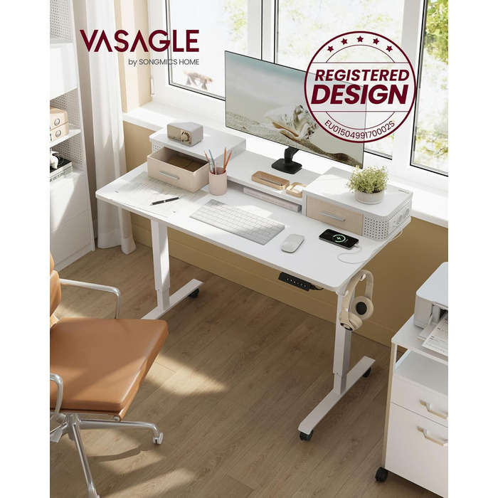 Електричний регульований стіл VASAGLE 120x60 см, білий, з підставкою для монітора, USB-роз'ємами, пам'яттю висоти