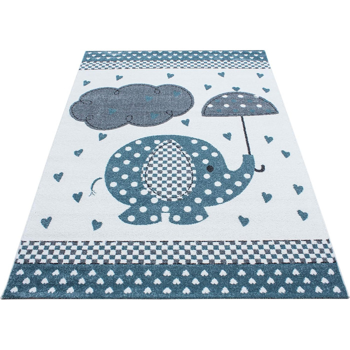 Дитячий килим Слон з коротким ворсом з парасолькою Дизайн Дитяча кімната Ігрова кімната 11 мм Висота ворсу М'яка прямокутна кругла доріжка Розмір (140x200 см, синій)