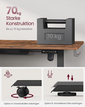 Електричний регульований стіл VASAGLE, 60 x 140 см, висота 72-120 см, 4 пам'яті, vintage brown, LSD174X01