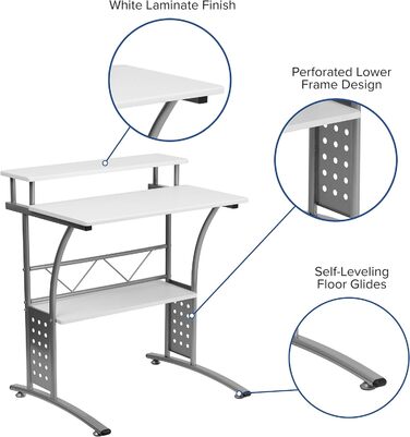 Комп'ютерний стіл Flash Furniture, офісний стіл з чорною ламінованою стільницею, стійкий і компактний, стіл для домашнього офісу зі срібною рамою та відсіком для зберігання, 60 x 71 x 84 см (білий)