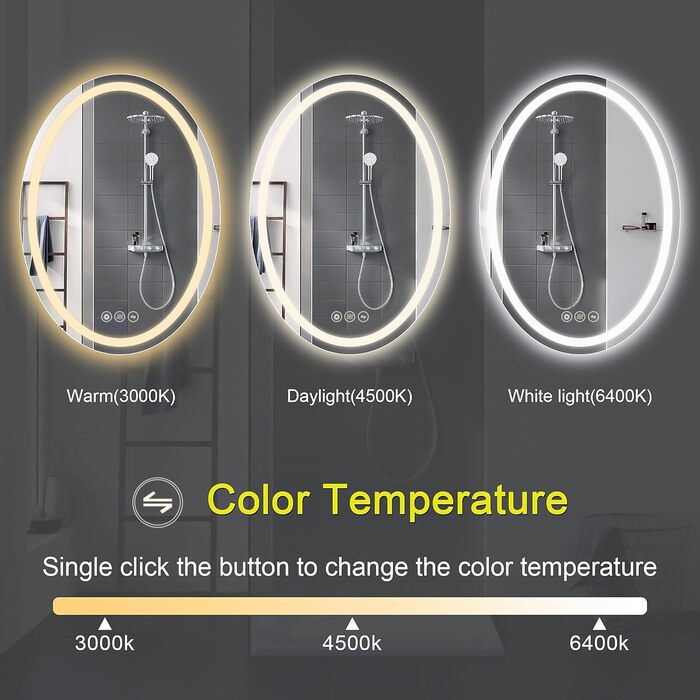 Дзеркало для ванної кімнати Badspiegel Oval з підсвічуванням 50 x 70 см, сенсорне управління, регулювання яскравості, 3 кольори світла, антизапарник, для ванної кімнати, 3000K-6400k