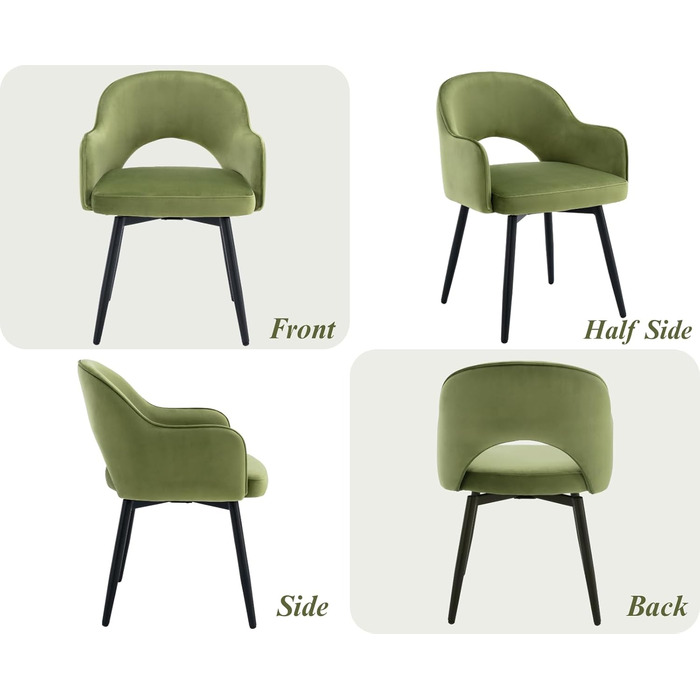 4 крісла з оксамиту для їдальні, обертаються на 360°, кухонні крісла з підлокітниками, м'які бокові крісла для дому, офісу, вітальні (53*58*78 см, зелені)