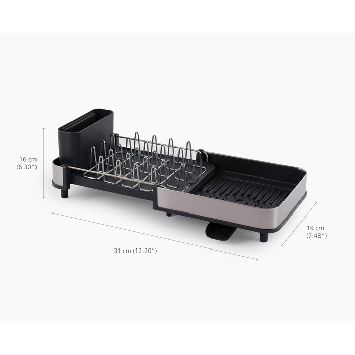 Сушарка для посуду Joseph Joseph Extend Slim з нержавіючої сталі, висувна, компактна, з підставкою для столових приборів та поворотним зливом, сіра