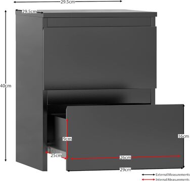 Приліжковий комод Vida Designs Denver, 2 шухляди, H 40 x Ш 29.5 x D 29.5 см, Чорний