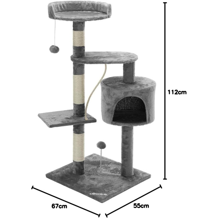 Котяче дерево 112 см з платформами, Котяча печера, Ігрові м'ячі, Ігрова мотузка, Дряпаюче стебло, Сірий