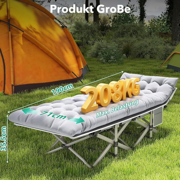 Розкладне ліжко для кемпінгу з матрацом та сумкою-переноскою, посилене (до 208 кг), XL 190x71x35 см, сіре