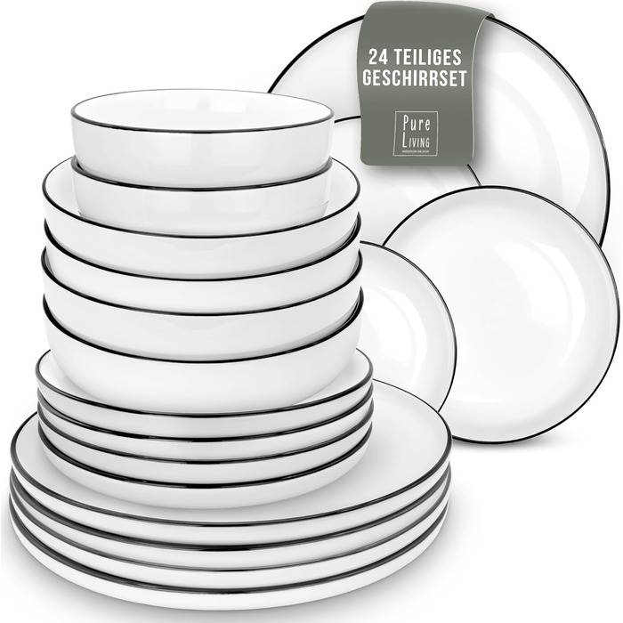 Набір посуду 6 персон Scandi Style - Premium Porcelain White 24 предмети - Набір посуду для посудомийної машини та мікрохвильової печі - Столовий сервіз, набір мисок і тарілок - Стильний посуд, Набір посуду з 24 предметів