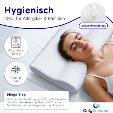 Ортопедична подушка для шиї OnlyDreams з гелевим шаром | Регульована висота + вибір жорсткості | Чохол з алое вера | Підходить для сну на спині, животі та боці - Oeko-Tex (Basic, 50x32x11/9 см)