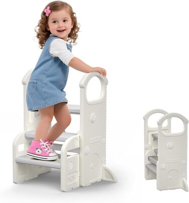 Дитячий тривалий стільчик Hoopyosms з регулюванням висоти, складний, з поручнями, антиковзкий, для ванної та кухні, сірий