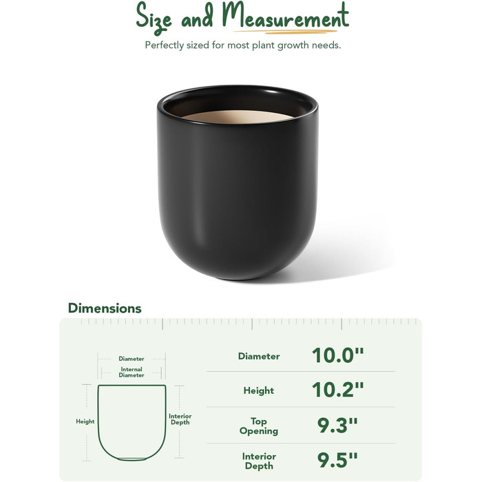 Керамічний горщик для квітів LE TAUCI, 25 см, чорний, з дренажним отвором