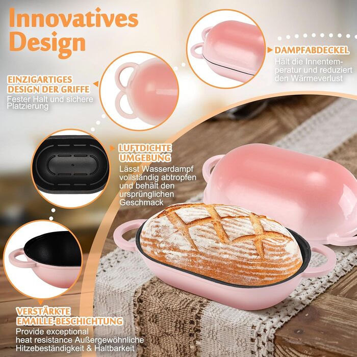 Форма для випікання хліба з кришкою Gusseisen, 23 см, емальована чавунна форма, 2.75 л, підходить для духовки (переливи синьо-зеленого та рожевого кольорів)