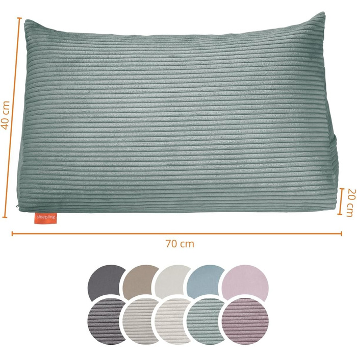 Подушка для спини в ліжко та на диван sleepling з вельвету (Cord), клиноподібна подушка для читання та підтримки попереку з бічною кишенею, знімний чохол, 70х40х20 см, бірюзова