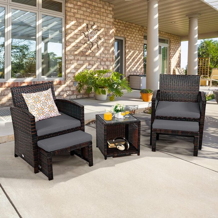 GIANTEX Набір садово-розслаблюючих меблів з ротангу для балкону/саду (2 крісла з пуфами), сірі подушки