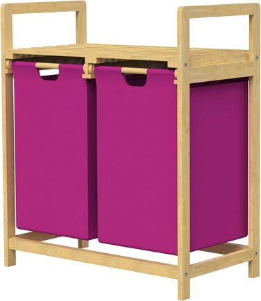 Бамбуковий кошик для білизни ML-Design, Ящик для білизни з 2 відділеннями, Збірник для білизни з 2 висувними мішками 60 л, Скриня для білизни з полицею, Сортувальник білизни для ванної кімнати, Відро для білизни з полицею (пурпуровий)