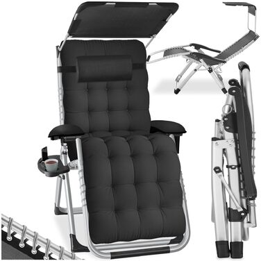 Тектейк® Розкладна сонцелюстра, шезлонг для саду з сонцезахисним дахом, вуличний крісло для балкона або саду, лежак з додатковою товстою подушкою, розслаблюючий лежак, витримує до 200 кг - (1 шт. - з сонцезахисним дахом, чорний)