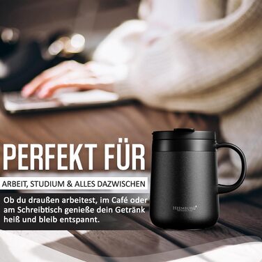 Термокружка з ручкою, подвійні стінки, вакуумна ізоляція, нержавіюча сталь 18/8, з 2 кришками, протиковзке дно, 440 мл, для офісу та робочого місця