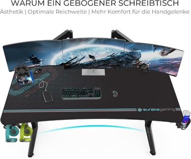 Ігровий стіл EUREKA ERGONOMIC 152x70 см - великий комп'ютерний стіл для геймерів з підставкою для навушників та тримачем для напоїв, чорний